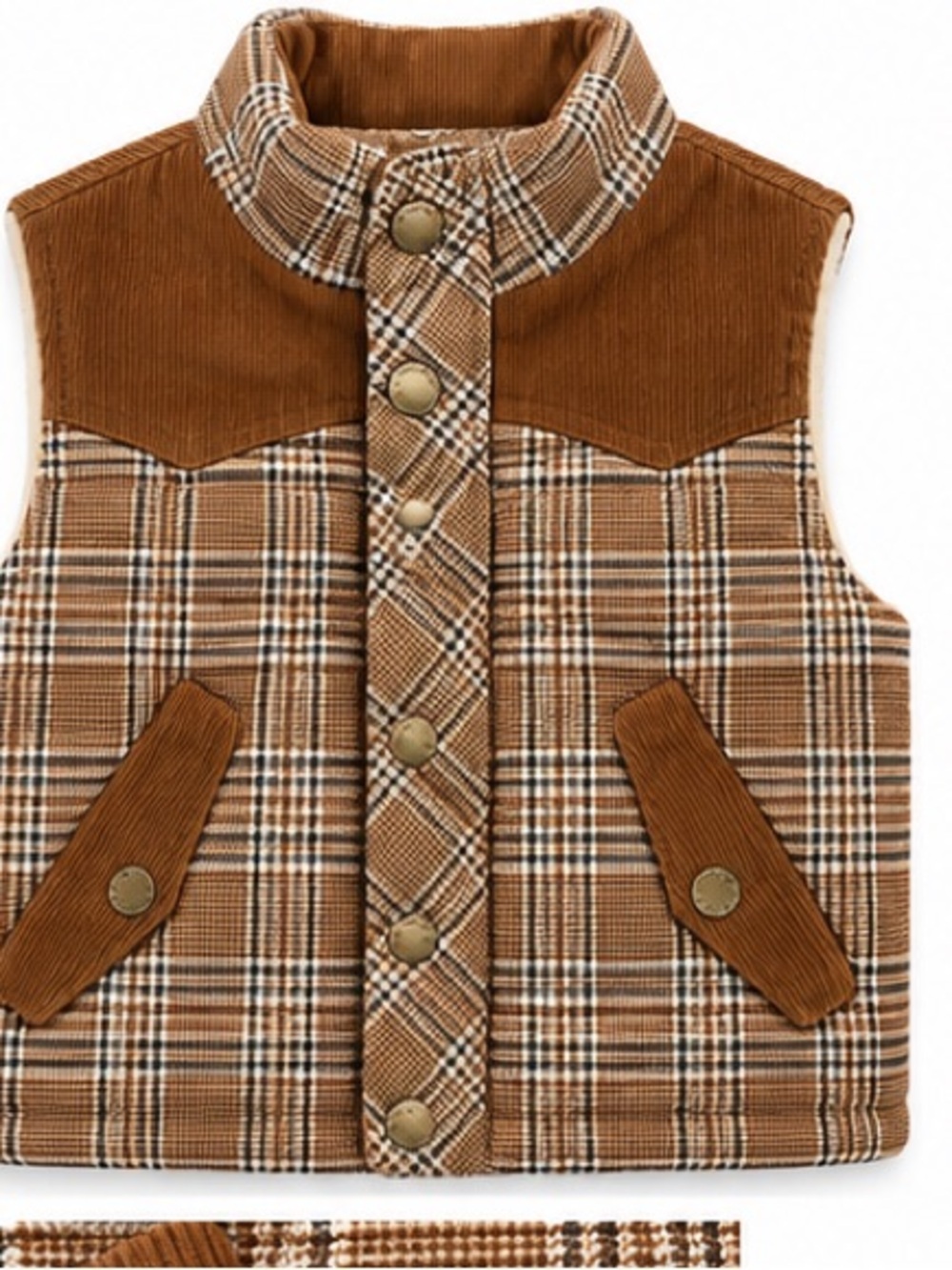 Janie and Jack Brown Plaid Corduroy-Trim Puffer Vest 3T